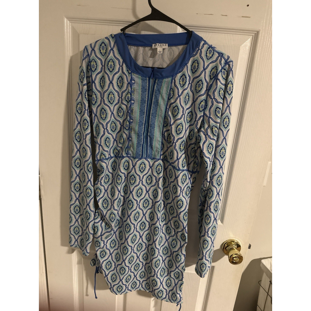 Cabana Life UPF 50+ Tunic Swim Cover Up – Blue Geometric – Size Large